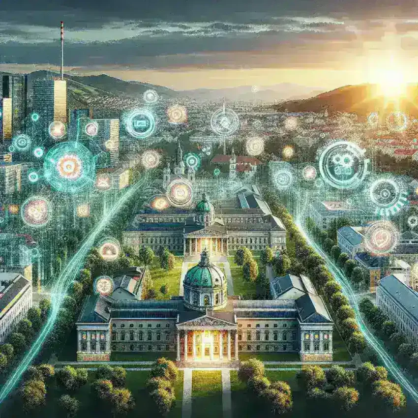 "صورة توضح استخدام الذكاء الاصطناعي في المؤسسات النمساوية، تعكس تحولاً رقمياً مستداماً ومستقبلاً واعداً، مع تسليط الضوء على نسبة 15% من المؤسسات التي تعتمد على هذه التقنية."