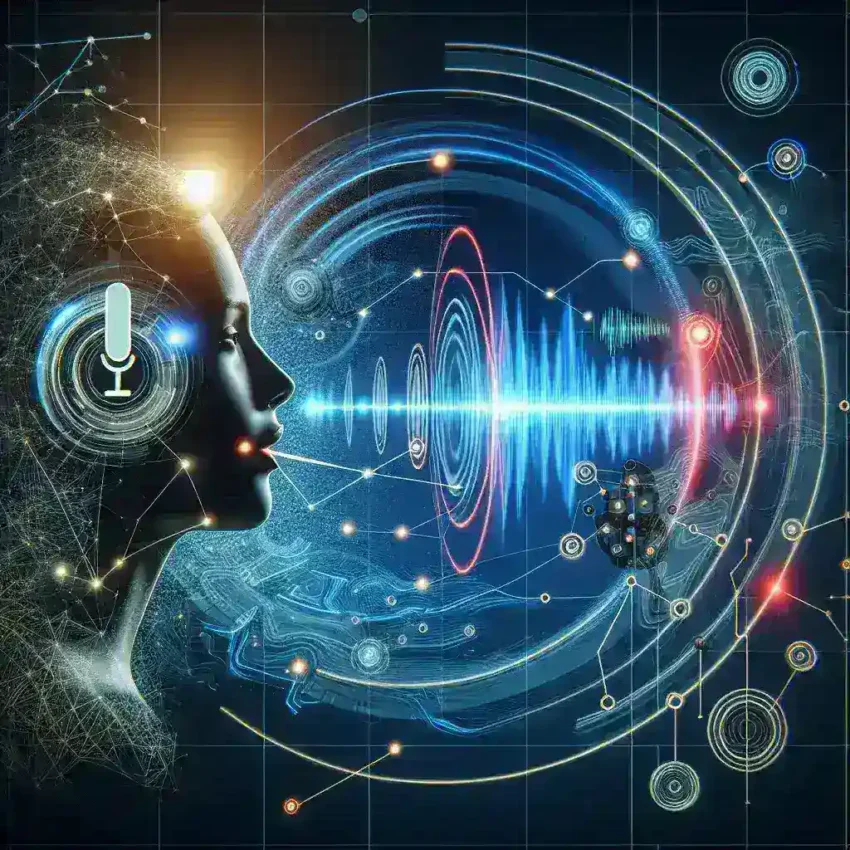 Alt text: "امرأة تستخدم تقنية التعرف على الصوت للتواصل بسهولة عبر جهاز ذكي، تعبير عن تقدم تكنولوجيا الاتصال."