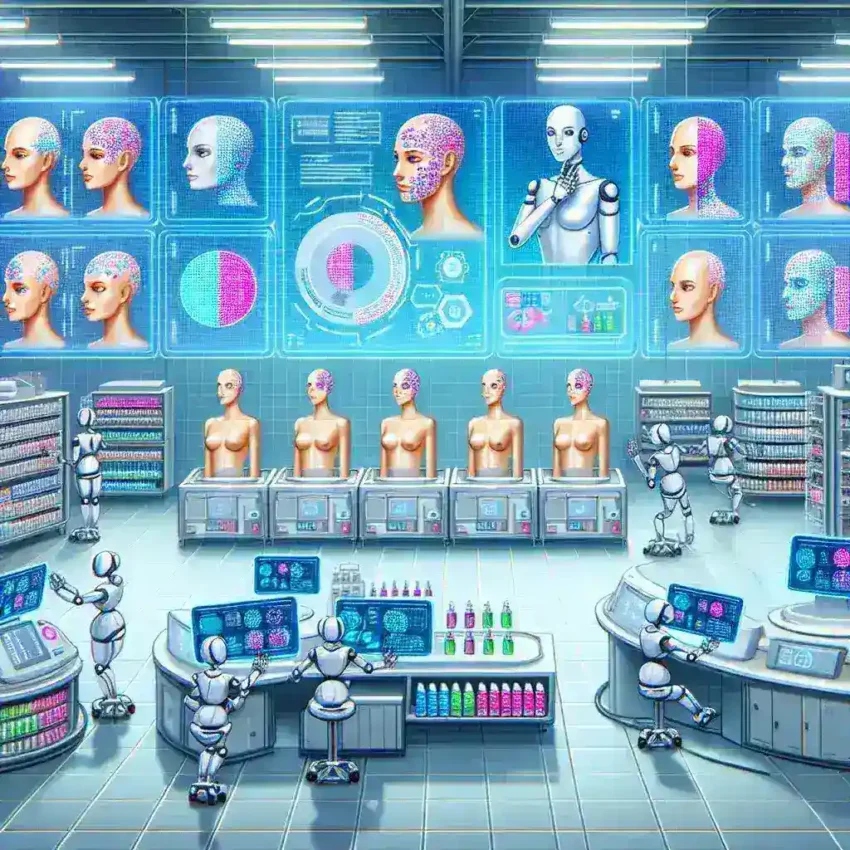 Alt text: "تطبيق الذكاء الاصطناعي في تطوير حلول العناية بالبشرة المخصصة مع التركيز على تقنيات تحليل البيانات والتخصيص الفريد."