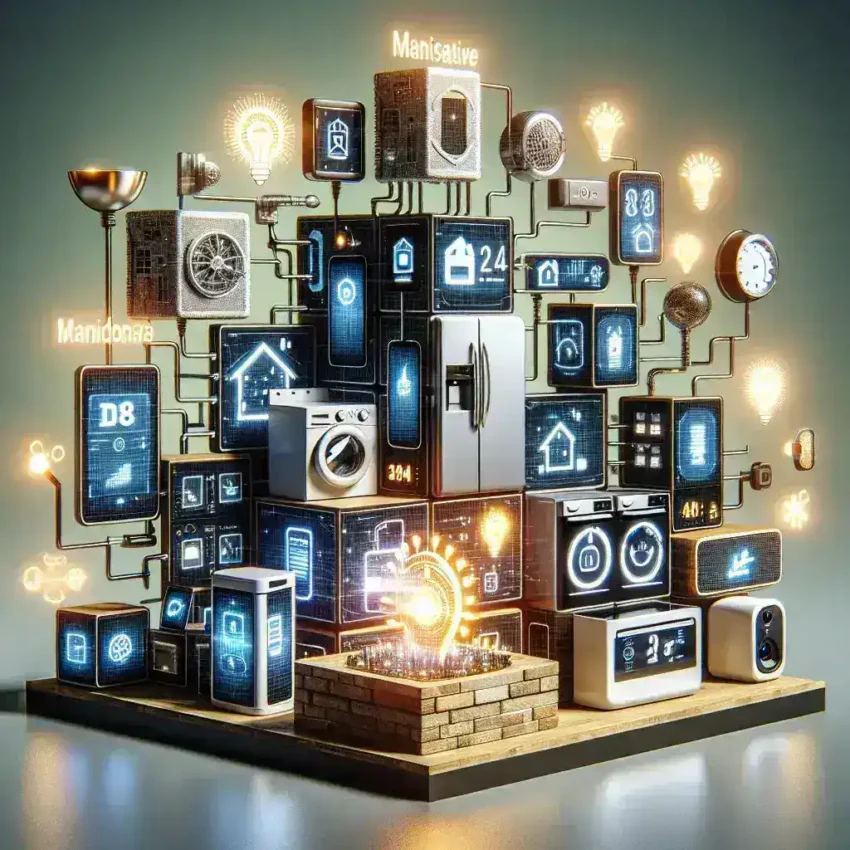 Alt text: "صورة تظهر مجموعة من أجهزة إنترنت الأشياء المنزلية الحديثة، مثل الكاميرات الذكية وأجهزة التحكم في الإضاءة، مع تسليط الضوء على التحديثات المستمرة وفق سياسات الدعم الإلزامية."